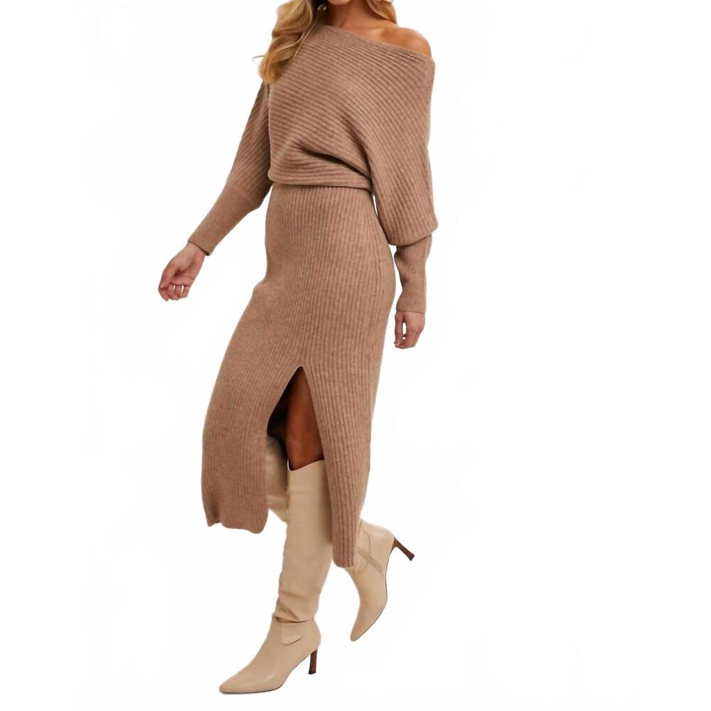 NEW BLUIVY one shoulder off side slit midi knit sweater dress in latte - Picture 6 of 8